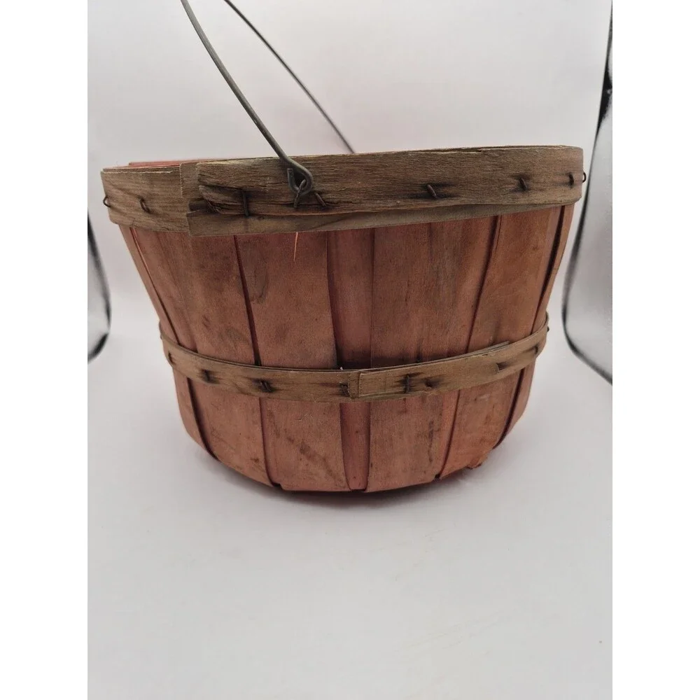 Vintage Wooden Apple Basket With Metal Handle Rustic Farmhouse Decor